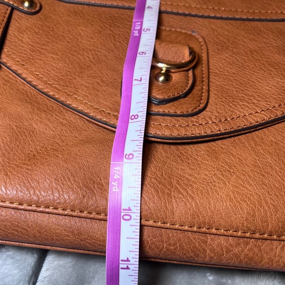 Vintage Style Tan Faux Leather Satchel Bag Plaid Lining Handle Shoulder Strap - Picture 9 of 13